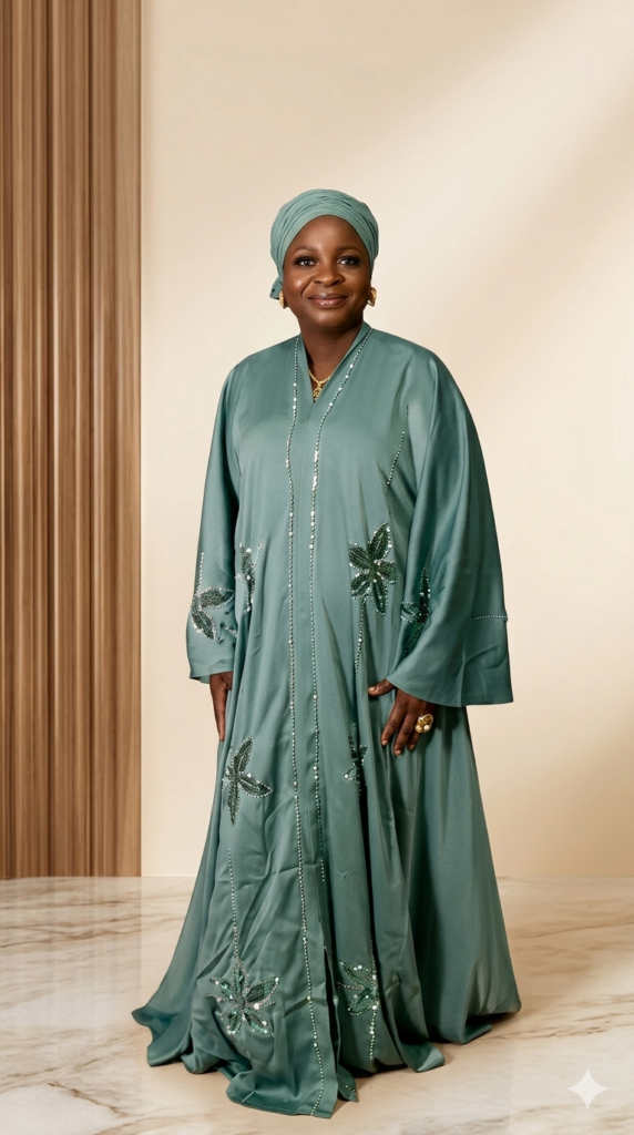 green Dubai abaya with flower design on it