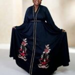 black dubai abaya with red and silver embroidered flower