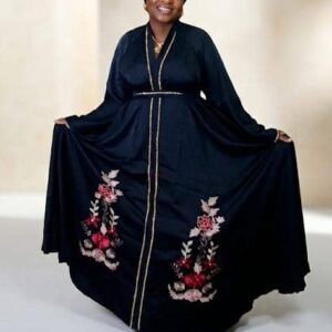 black dubai abaya with red and silver embroidered flower
