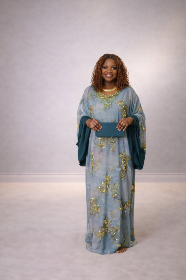 green dress, hand beaded and stoned Dubai