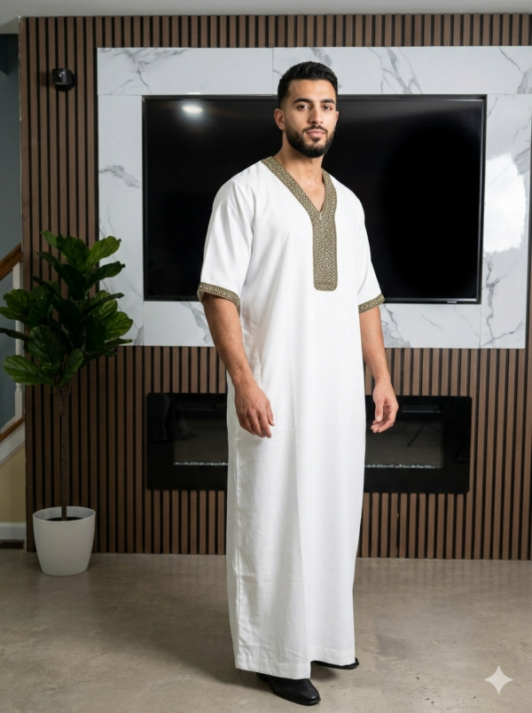 white embroidered detailing jalabia short sleeve, v-neck (58)