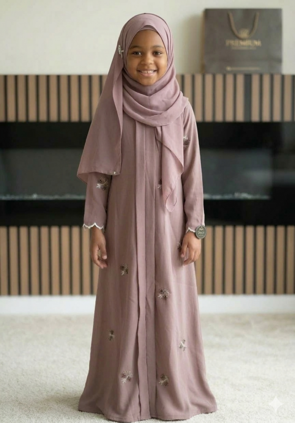 floating floral abaya for kid (muted plum)