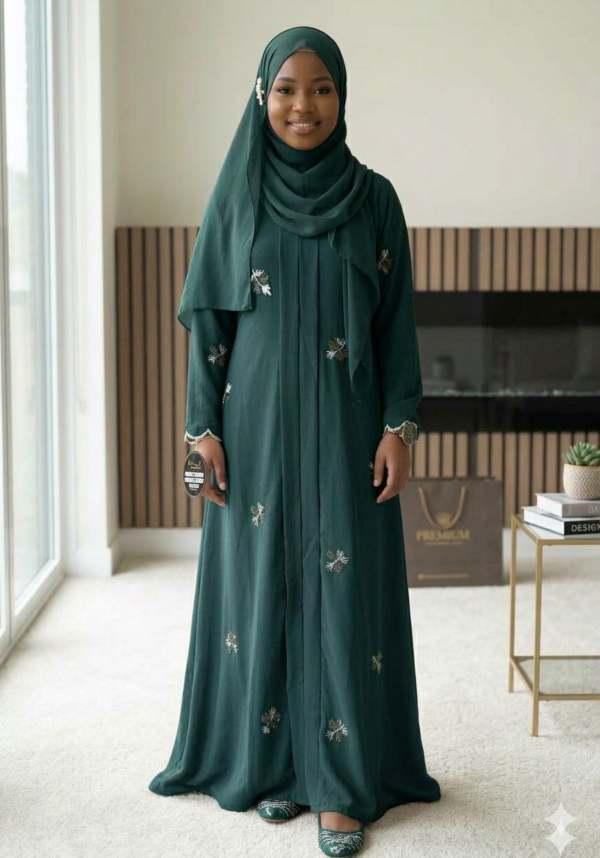floating floral abaya dark green color