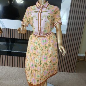 Peach Blossom Pleated Skirt & Shirt Set
