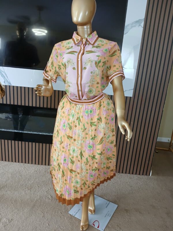 Peach Blossom Pleated Skirt & Shirt Set